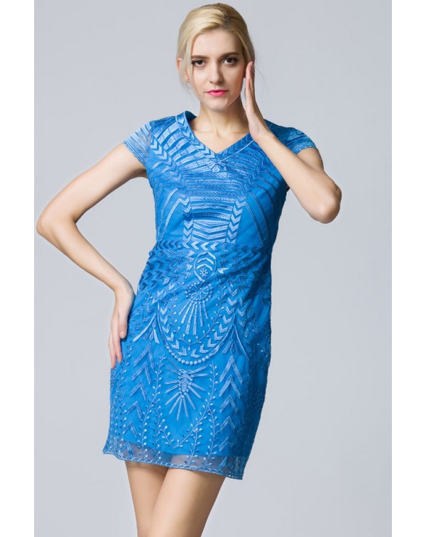 V Neck EmbroideSheath Dress