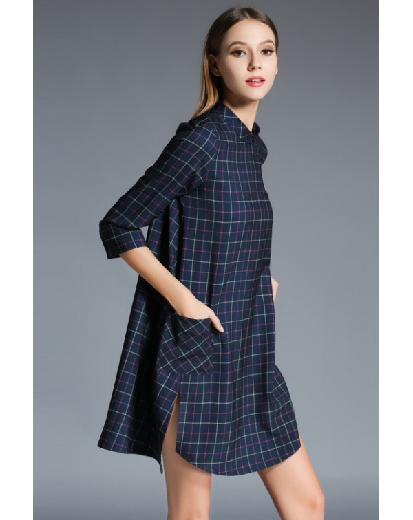 Side Slit Plaid Dress