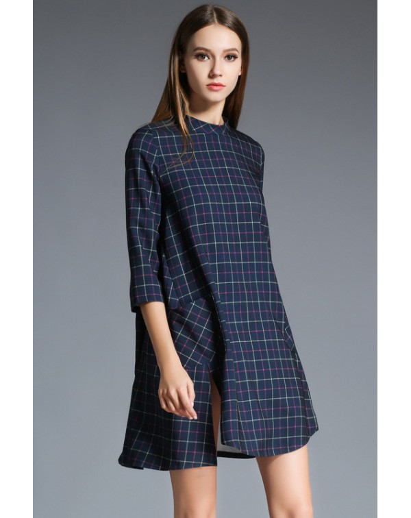 Side Slit Plaid Dress