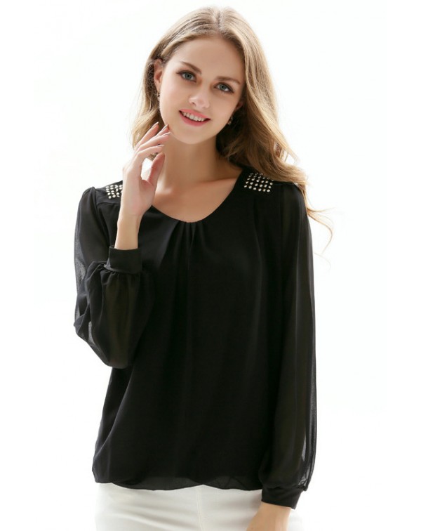 Long Sleeves Rhinestoned Blouse