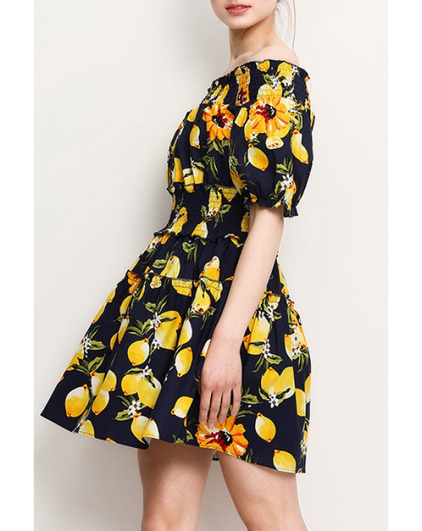 Dark Navy Boat Neck Floral Dress