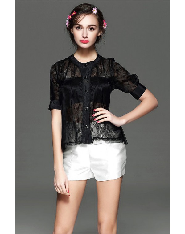 Lace Organza Button Down Blouse