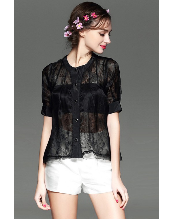 Lace Organza Button Down Blouse