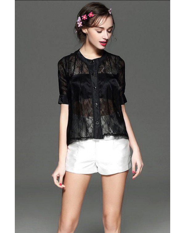 Lace Organza Button Down Blouse