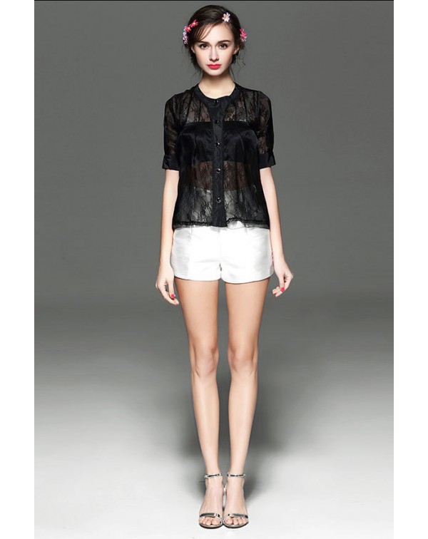 Lace Organza Button Down Blouse