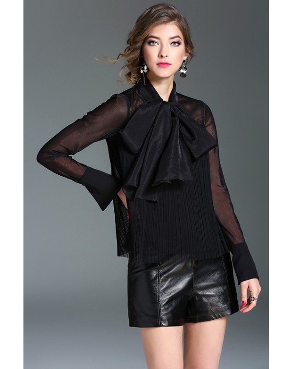 Sheer Long Sleeves Bow Blouse