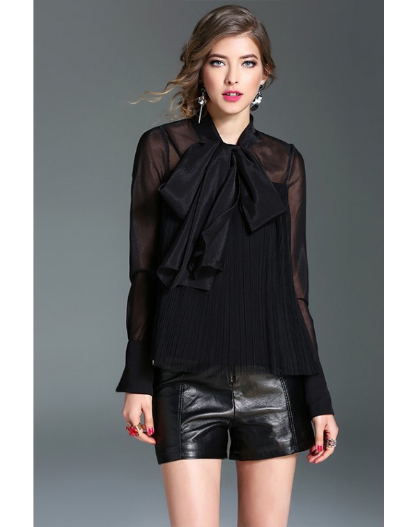 Sheer Long Sleeves Bow Blouse