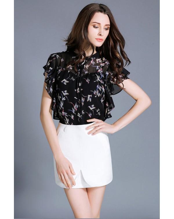 Print Ruffles Casual Chiffon Blouse