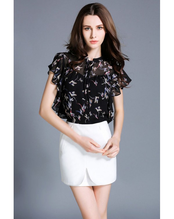 Print Ruffles Casual Chiffon Blouse