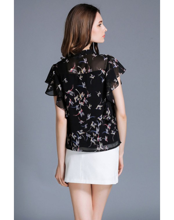 Print Ruffles Casual Chiffon Blouse