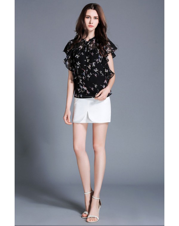 Print Ruffles Casual Chiffon Blouse